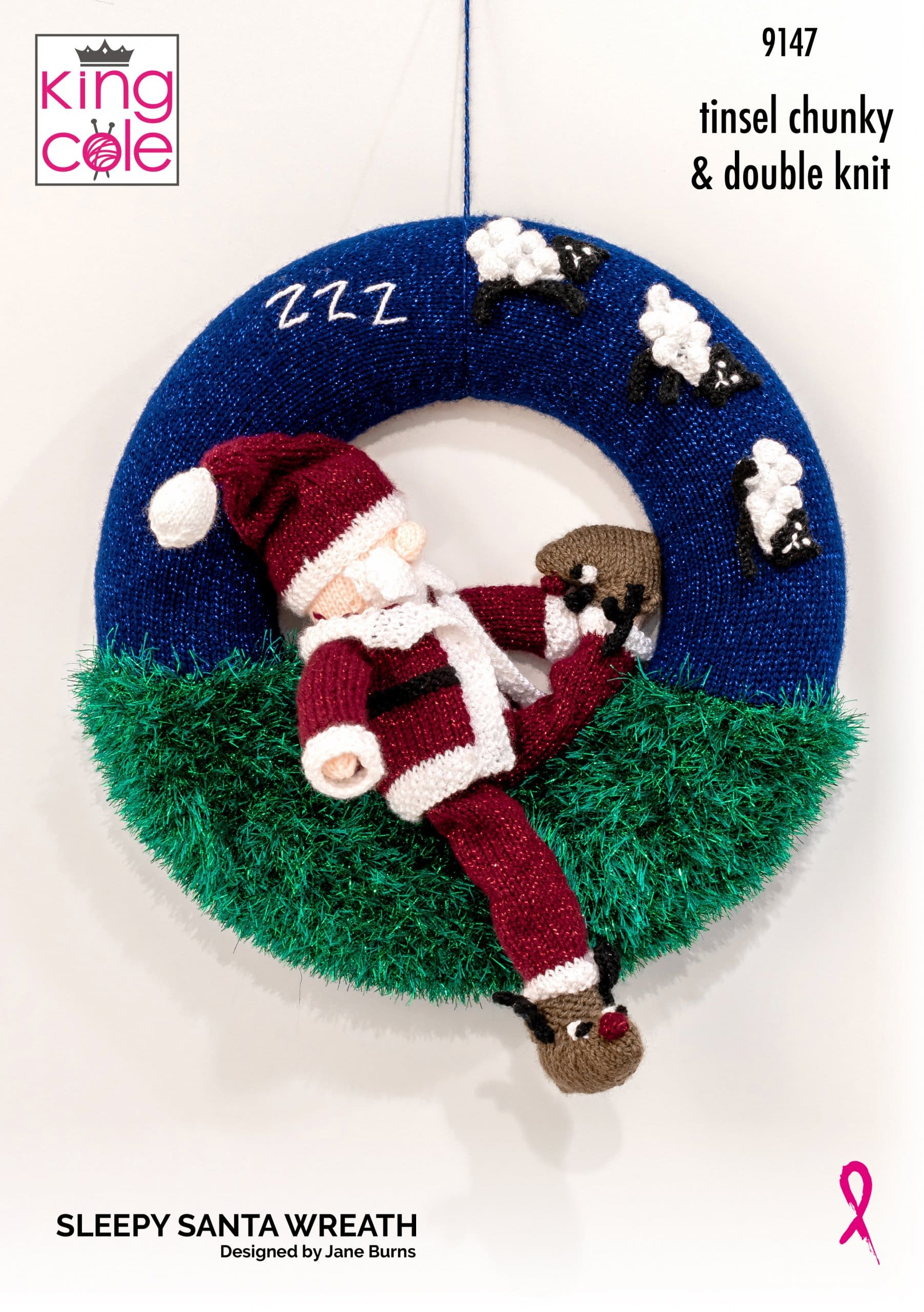 Easy to Follow Sleepy Santa Wreath Knitted in Glitz DK