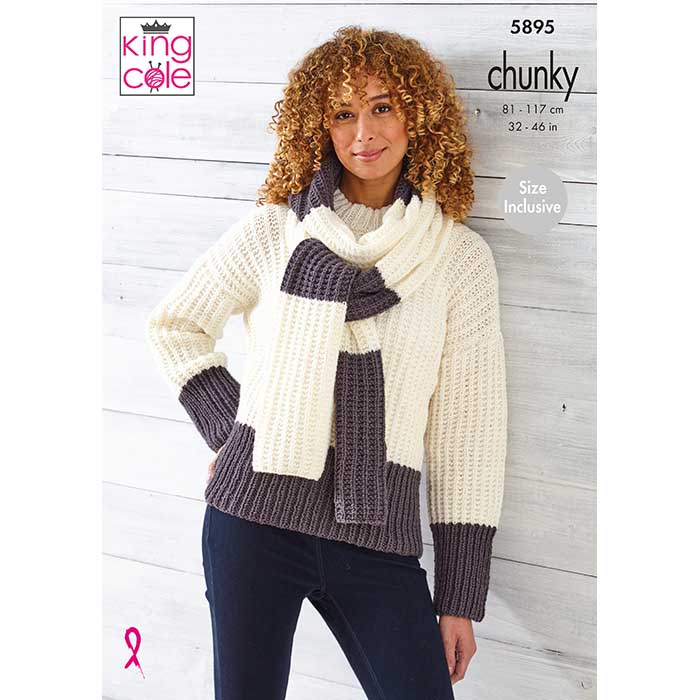 Sweater and Scarf Knitted in Wildwood Chunky | King Cole