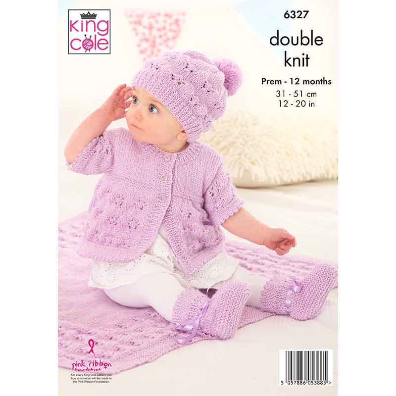 Matinee Coat, Cardigan, Hats, Bootees and Blanket knitted in Glitz